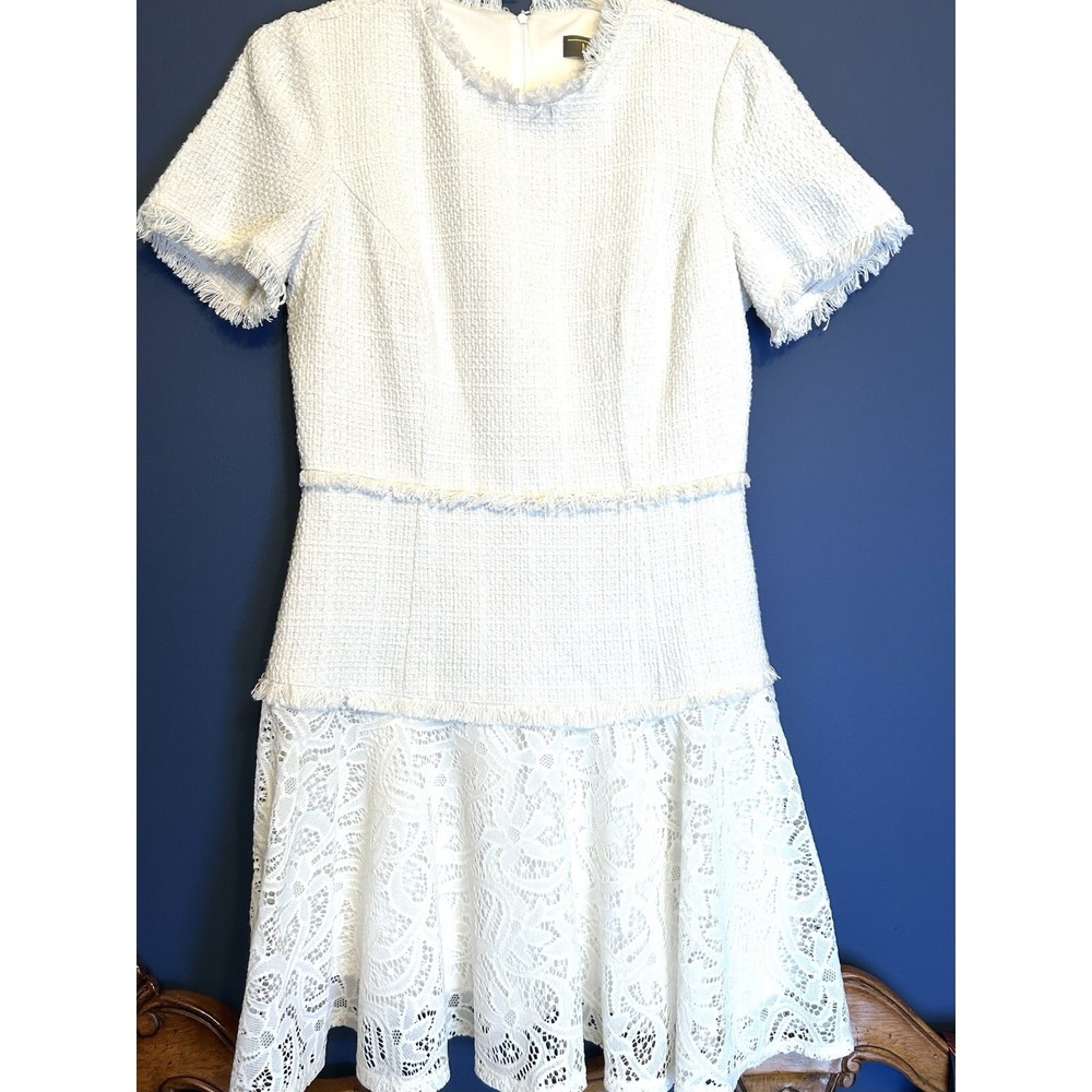 Melonie T White lace Trim Flounce Flare Fringed Short Dress Size 8 Back Zip